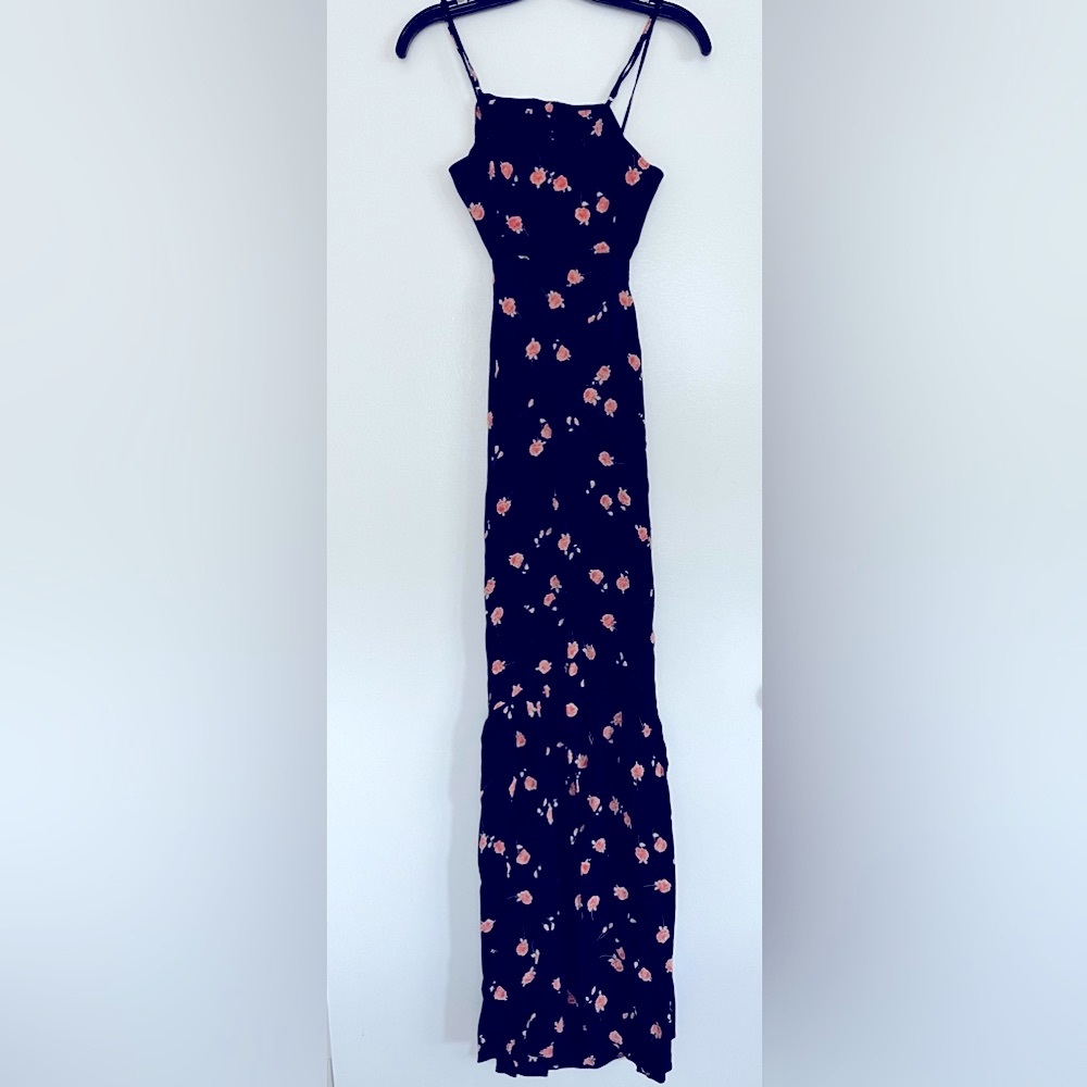 Flynn Skye floral rosebud maxi slip dress with cutouts.